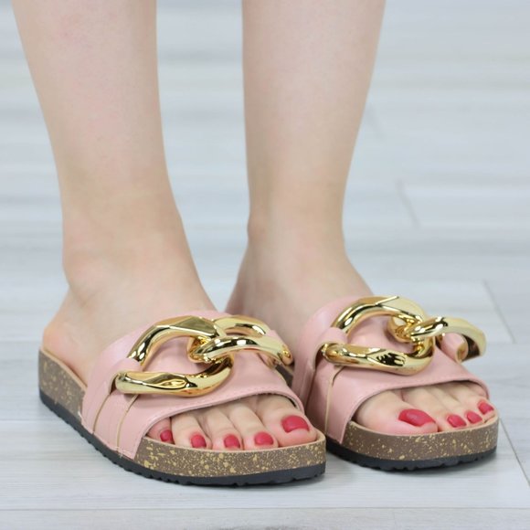 Pink Flat Slip On Sliders Sandal Trendy Comfort Lightweight Blush and Gold - Picture 4 of 13